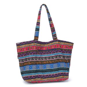 Women Hippie Tote Hand Bag Large Capacity Bohemian Bag Portable Tourist Shoulder Bags (Rose red)