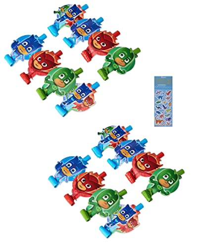 Amscan PJ Masks Birthday Party Supplies Bundle includes Party Blowouts - 16 Count and 1 Dinsaur Sticker Sheet