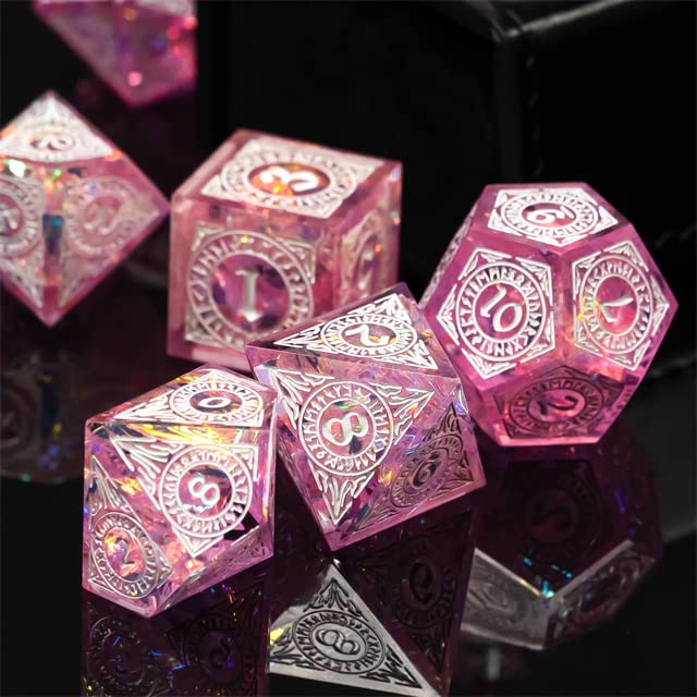 Pink Mystical Magic Wizard Sharp DND Dice Set with Leather Dice Box | for Dungeons and Dragons, D&D, Sharp Edge, D20 Polyhedral Resin Dice, Dungeons and Dragons Gifts, Accessories