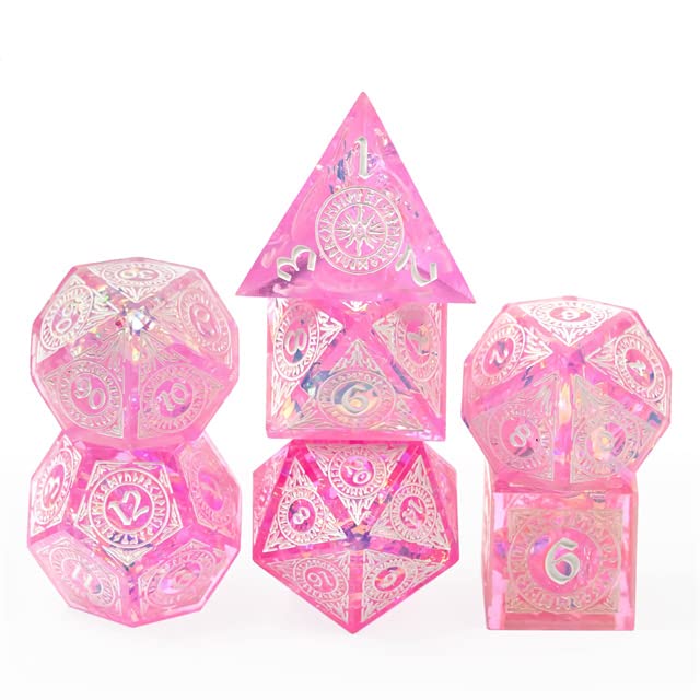 Pink Mystical Magic Wizard Sharp DND Dice Set with Leather Dice Box | for Dungeons and Dragons, D&D, Sharp Edge, D20 Polyhedral Resin Dice, Dungeons and Dragons Gifts, Accessories