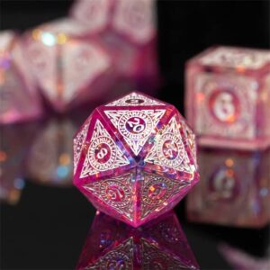 Pink Mystical Magic Wizard Sharp DND Dice Set with Leather Dice Box | for Dungeons and Dragons, D&D, Sharp Edge, D20 Polyhedral Resin Dice, Dungeons and Dragons Gifts, Accessories