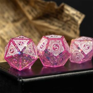 Pink Mystical Magic Wizard Sharp DND Dice Set with Leather Dice Box | for Dungeons and Dragons, D&D, Sharp Edge, D20 Polyhedral Resin Dice, Dungeons and Dragons Gifts, Accessories