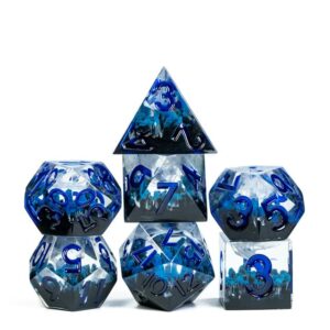 glow in the dark winter storm sharp dnd dice set with leather dice box - for dungeons and dragons, d&d, sharp edge, d20 polyhedral resin dice, dungeons and dragons gifts, accessories