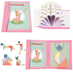 XIZIGOIT Wooden Magnetic Tangram Toys Kids Jigsaw Puzzles Creative Travel Toy Gifts for Girls Boys 3 4 5 6 7 8 9 10 Years Old Toddler Children 96 Patterns Portable Book Design(Pink)