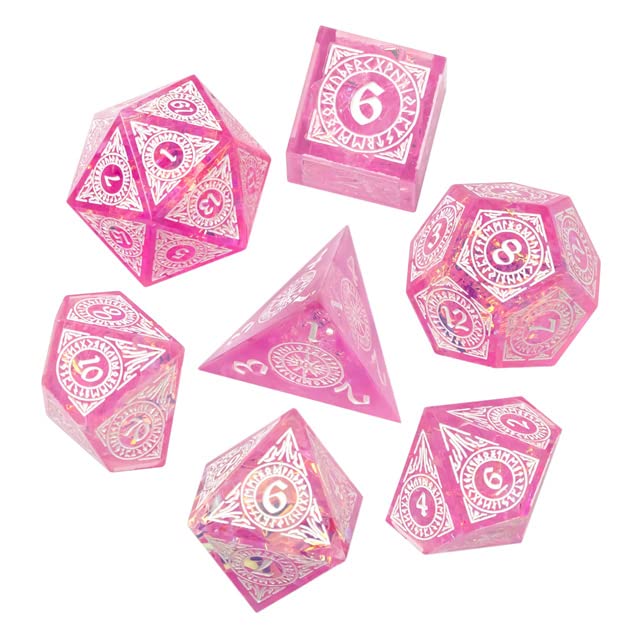 Pink Mystical Magic Wizard Sharp DND Dice Set with Leather Dice Box | for Dungeons and Dragons, D&D, Sharp Edge, D20 Polyhedral Resin Dice, Dungeons and Dragons Gifts, Accessories