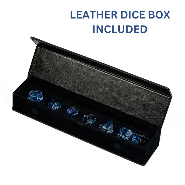 Glow in The Dark Winter Storm Sharp DND Dice Set with Leather Dice Box - for Dungeons and Dragons, D&D, Sharp Edge, D20 Polyhedral Resin Dice, Dungeons and Dragons Gifts, Accessories