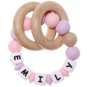 munchewy personalized teether with name, customizable silicone sensory chew bracelet rattle ring with natural organic beech wood teething rings for baby girls teether toys(lightpink/lilac)