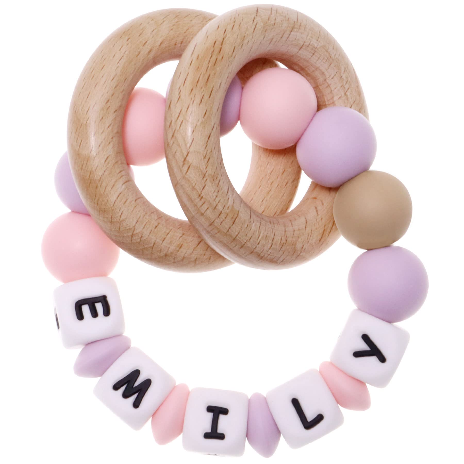 Munchewy Personalized Teether with Name, Customizable Silicone Sensory Chew Bracelet Rattle Ring with Natural Organic Beech Wood Teething Rings for Baby Girls Teether Toys(LightPink/Lilac)