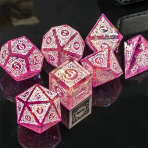 Pink Mystical Magic Wizard Sharp DND Dice Set with Leather Dice Box | for Dungeons and Dragons, D&D, Sharp Edge, D20 Polyhedral Resin Dice, Dungeons and Dragons Gifts, Accessories