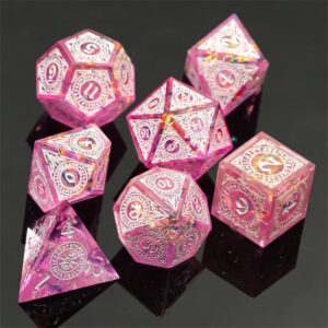 Pink Mystical Magic Wizard Sharp DND Dice Set with Leather Dice Box | for Dungeons and Dragons, D&D, Sharp Edge, D20 Polyhedral Resin Dice, Dungeons and Dragons Gifts, Accessories