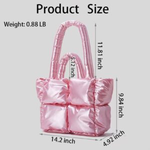 Azoiikwd Puffer Tote Bag, Trendy Luxury Chic Quilted Large Padded Designer Handbags for Women Winter Soft Shoulder Bag (silver)