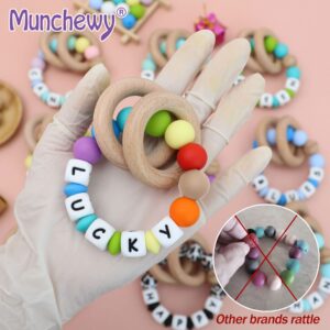 Munchewy Personalized Teether with Name, Customizable Silicone Sensory Chew Bracelet Rattle Ring with Natural Organic Beech Wood Teething Rings for Baby Girls Teether Toys(LightPink/Lilac)