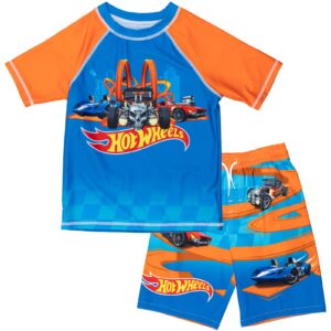 Hot Wheels Toddler Boys Raglan Pullover Swim Rash Guard Swim Trunks Blue 3T