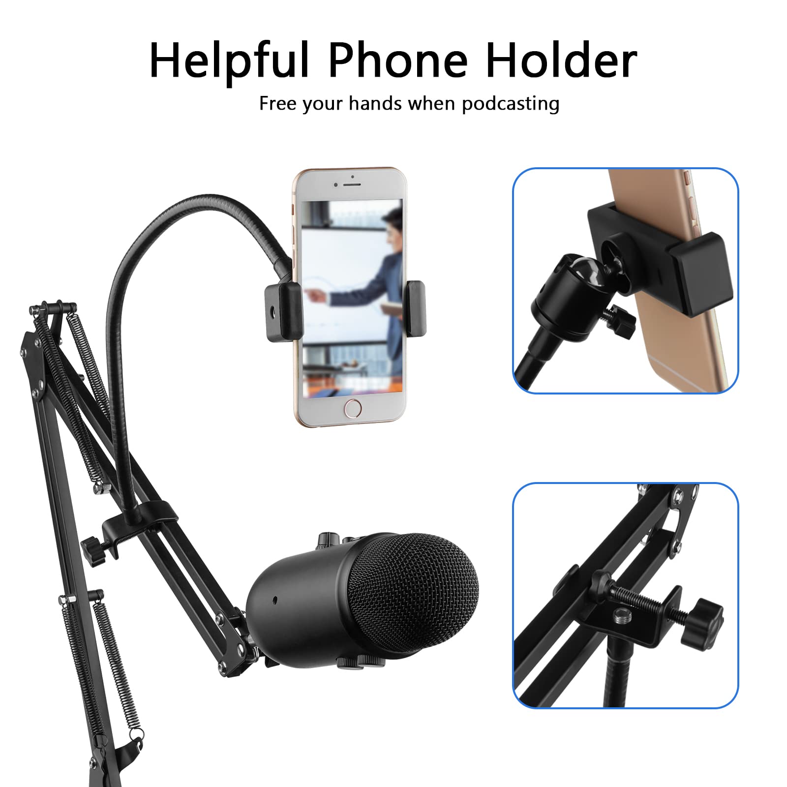 Geekria for Creators Flexible Mobile Phone Holder for Microphone Boom Arm, Mic Stand Gooseneck Smartphone Mount Compatible with íPhone 14, 14 Plus, 13, SAMSUNG Galaxy S22 Ultra (2 Pack)