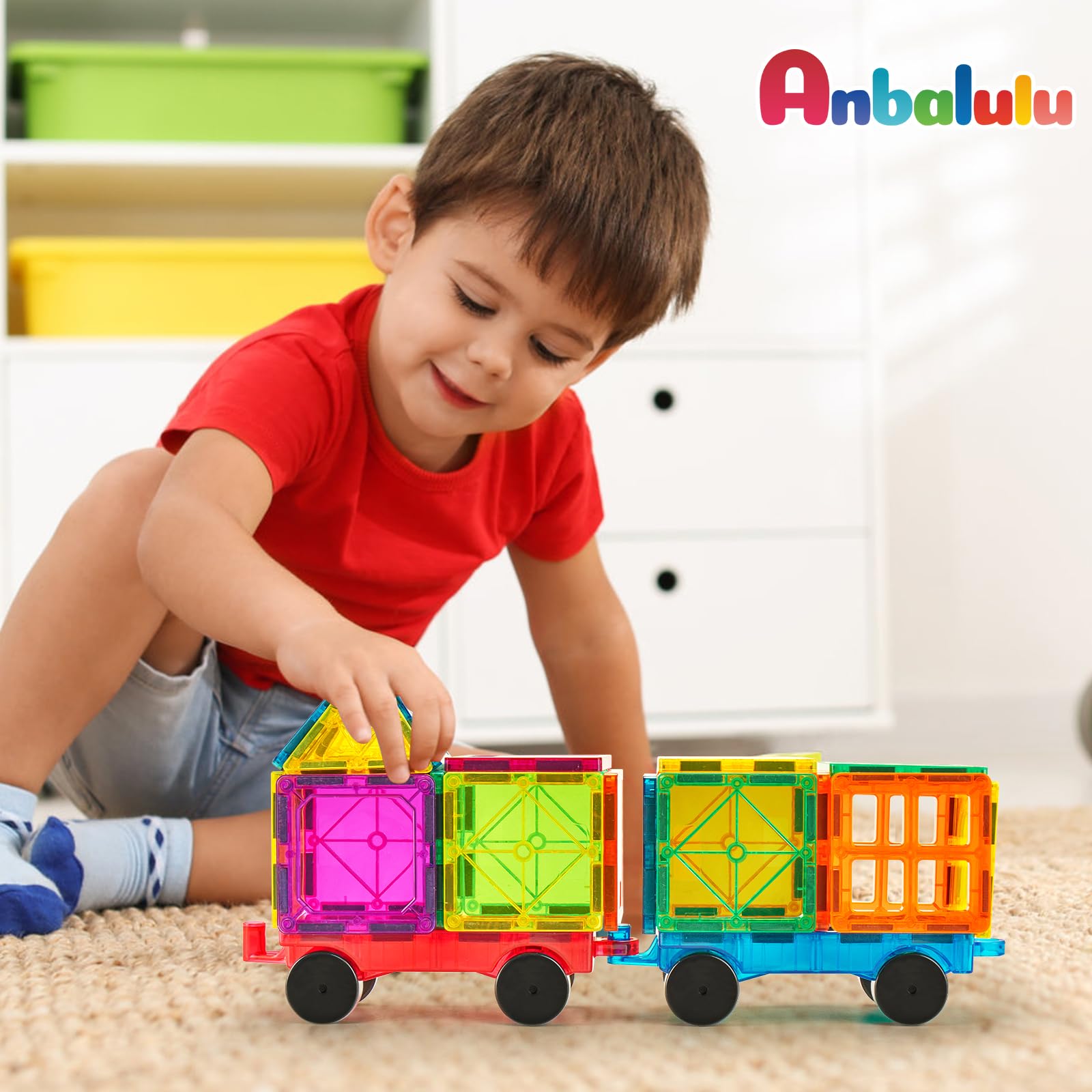 Anbalulu Magnetic Tiles Cars Set - 2 PCS Magnetic Tiles Magnet Toys, Educational Magnetic Cars Set Magnet Building Blocks Toddler Kids Toys for 3+ Year Old