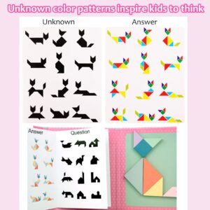 XIZIGOIT Wooden Magnetic Tangram Toys Kids Jigsaw Puzzles Creative Travel Toy Gifts for Girls Boys 3 4 5 6 7 8 9 10 Years Old Toddler Children 96 Patterns Portable Book Design(Pink)