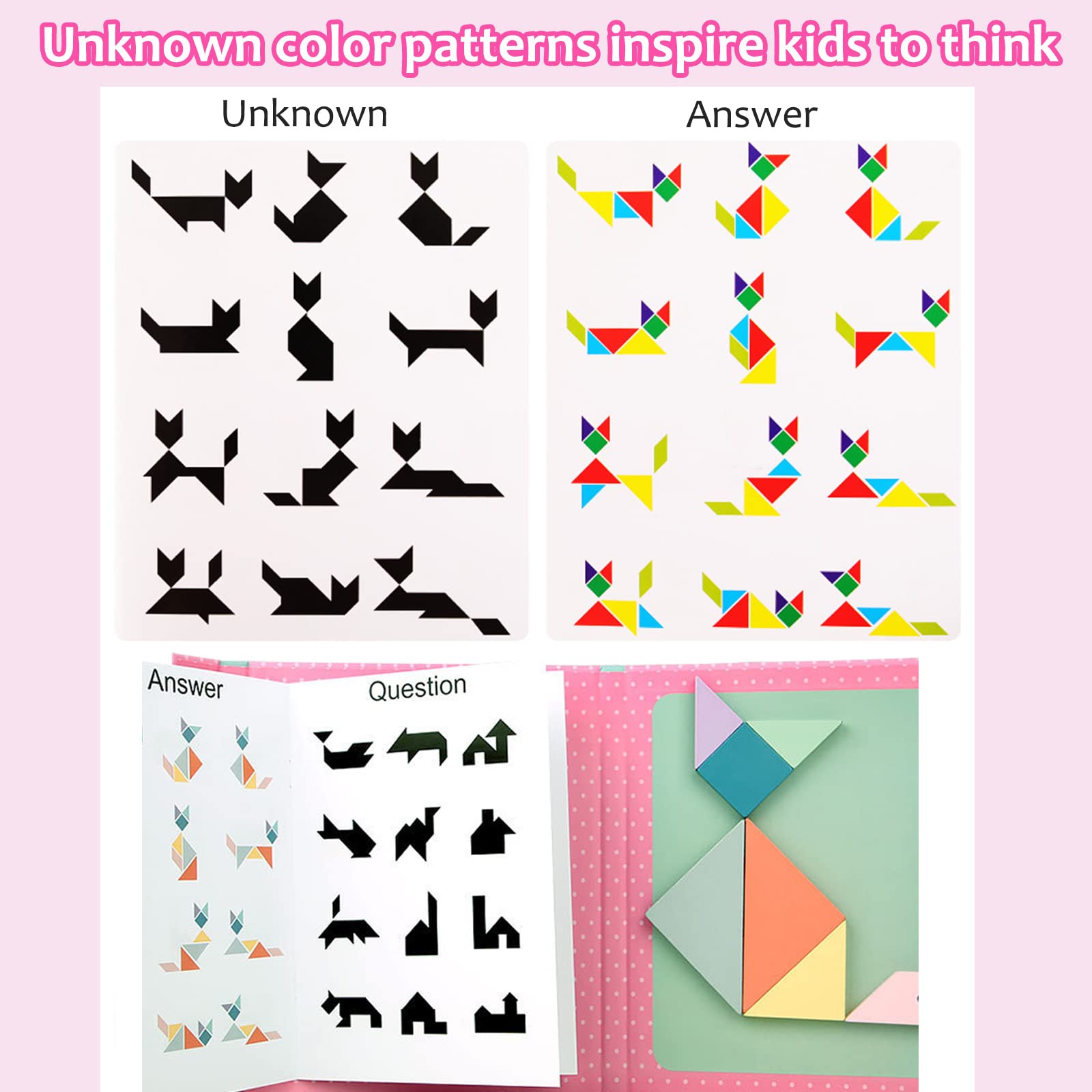 XIZIGOIT Wooden Magnetic Tangram Toys Kids Jigsaw Puzzles Creative Travel Toy Gifts for Girls Boys 3 4 5 6 7 8 9 10 Years Old Toddler Children 96 Patterns Portable Book Design(Pink)