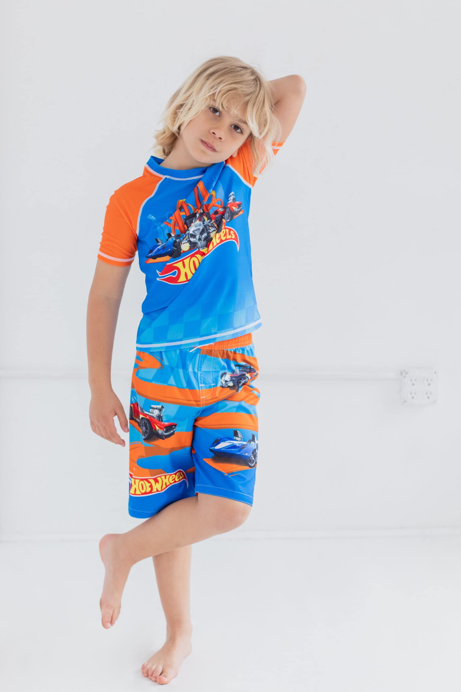 Hot Wheels Toddler Boys Raglan Pullover Swim Rash Guard Swim Trunks Blue 3T