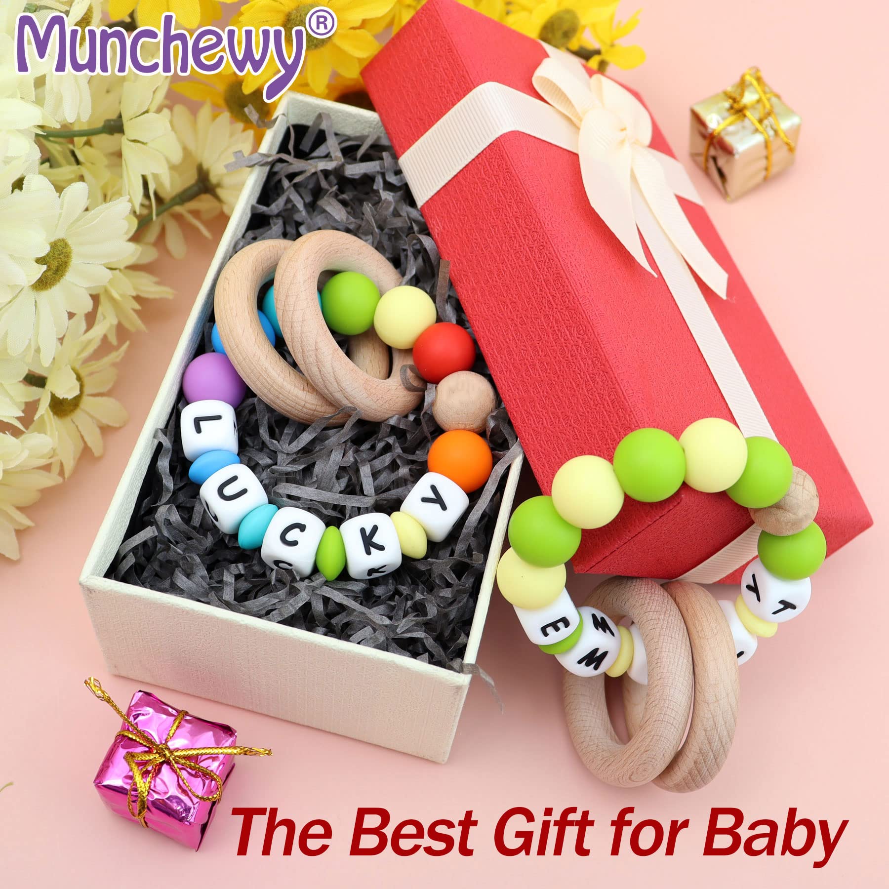 Munchewy Personalized Teether with Name, Customizable Silicone Sensory Chew Bracelet Rattle Ring with Natural Organic Beech Wood Teething Rings for Baby Girls Teether Toys(LightPink/Lilac)