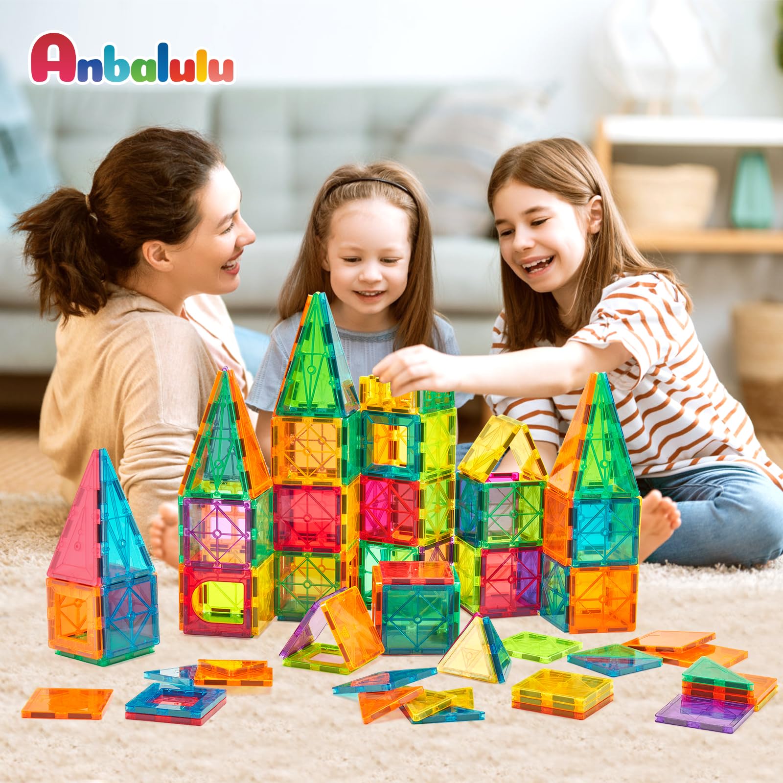 Anbalulu Magnetic Building Tiles, 134PCS Large Magnet Building Set,Magnetic Blocks, 3D STEM Stacking Toys, Magnets Toy for Kids Boys Girls