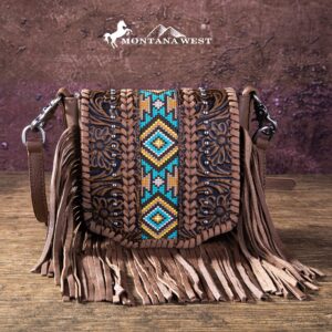 Montana West Western Small Purses for Women Crossbody Bag Fringe Purse Vegan Leather Women's Shoulder Handbags Tooled Aztec RLC-L166BR