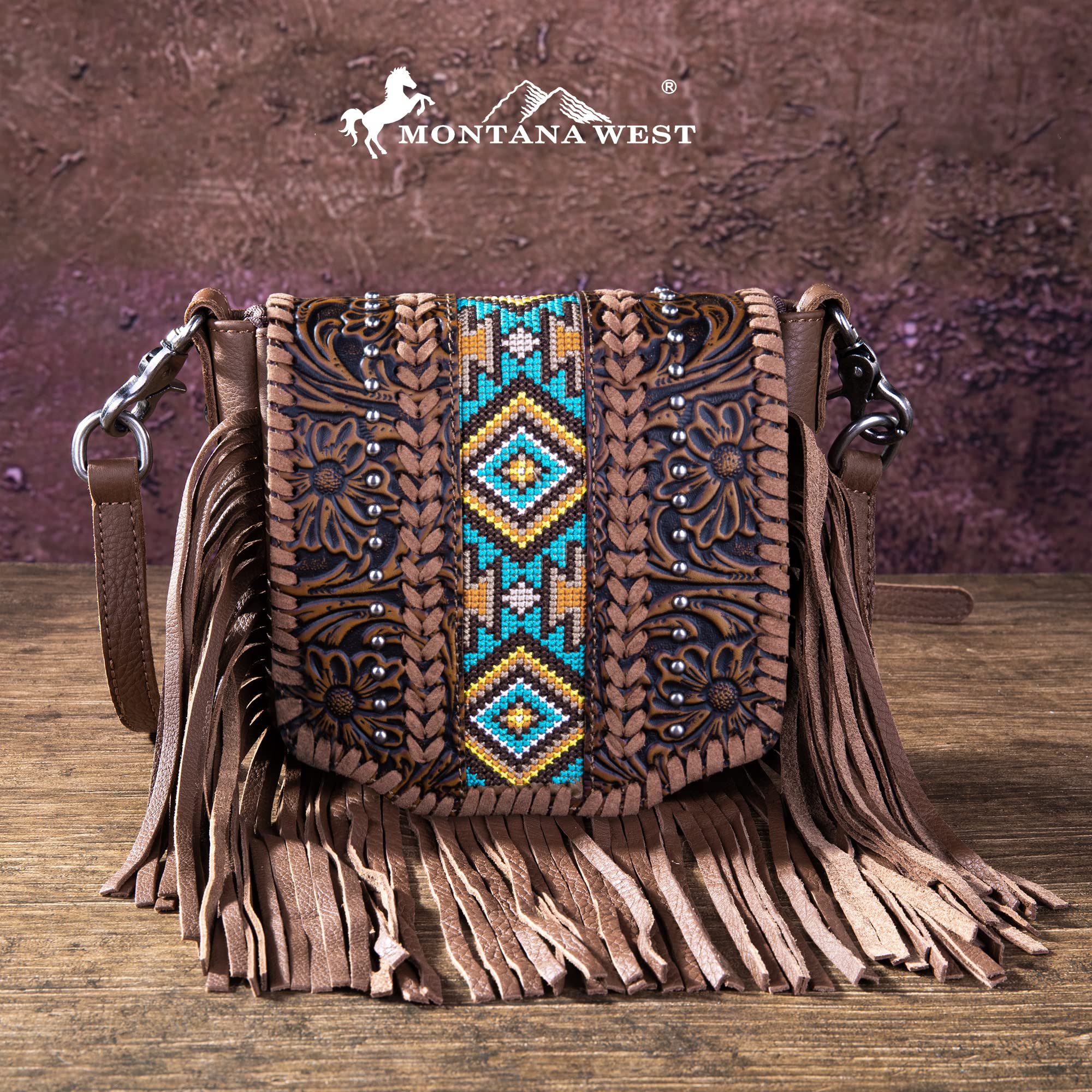 Montana West Western Small Purses for Women Crossbody Bag Fringe Purse Vegan Leather Women's Shoulder Handbags Tooled Aztec RLC-L166BR