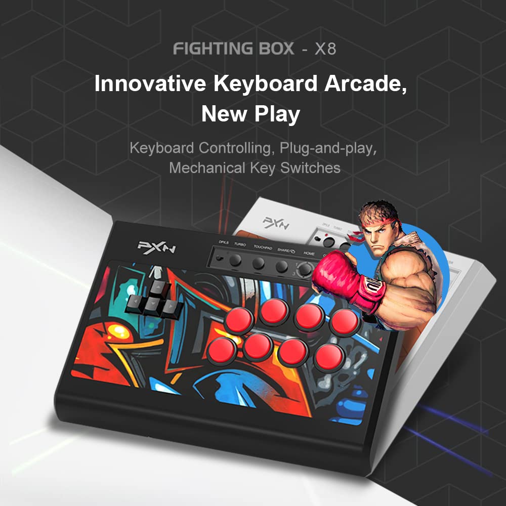 PXN X8 Street Fighter Stick Arcade Joystick, Mechanical Buttons, Keyboard-Style Direction Keys, Turbo Functions, Switchable Joystick Modes, Suitable for PS3 / PS4 / Nintendo Switch / PC Windows