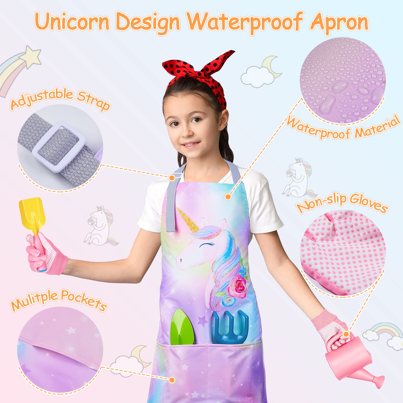 FIODAY Kids Gardening Set, Garden Tools for Kids with Watering Can, Shovel, Rake, Gloves, Waterproof Unicorn Apron with Pocket, Storage Bag and DIY Sticker Gardening Kit Gift for Girls