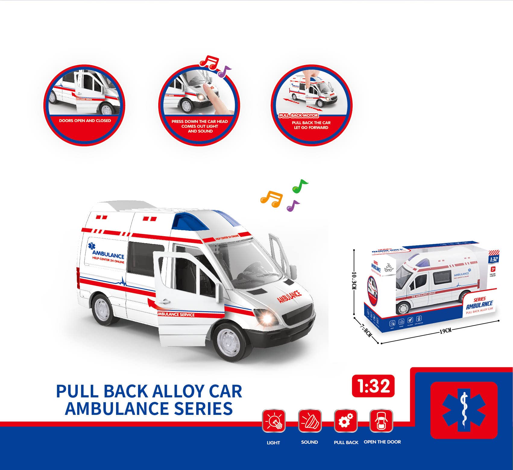 Otto Ambulance, Pull-Back Metal Strong Ambulance, Doors Open & Close, Lights & Sirens, Interactive Kids Toy - for Boys & Girls Age 3 and Up