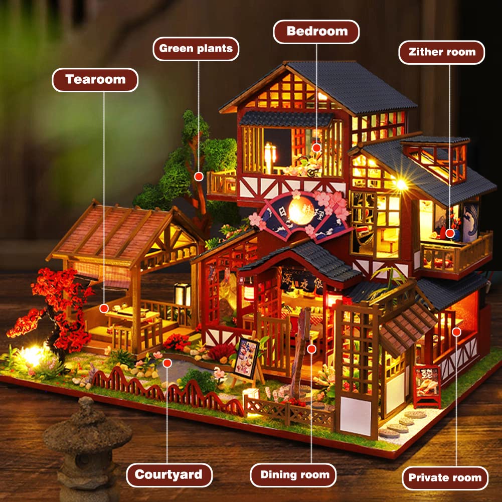 Yuzhen DIY Miniature Dollhouse with Furniture and LED Lights, Japanese Style Wooden Mini-Restaurant Includes Dustcover and Music Movement, Exquisite Home Decor