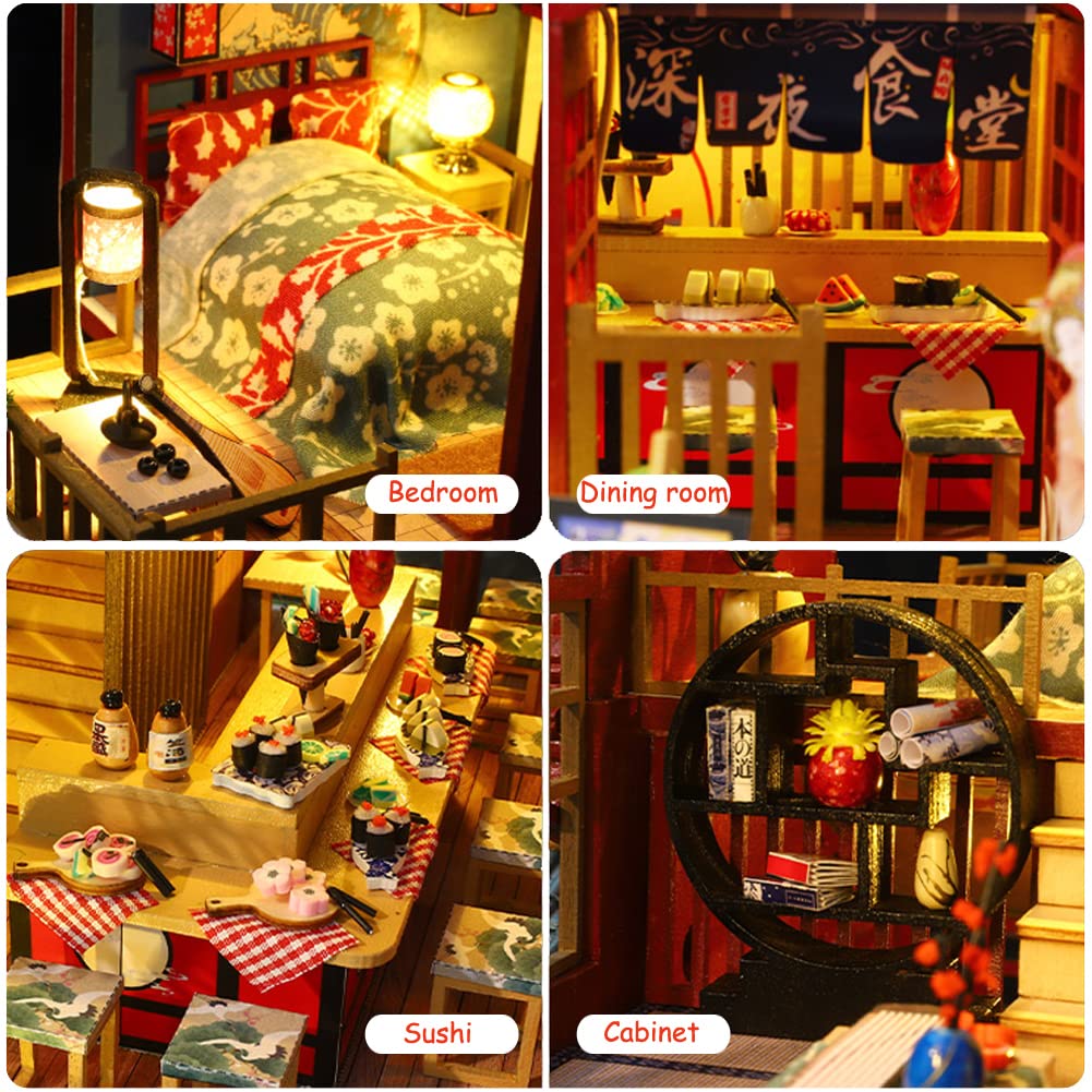 Yuzhen DIY Miniature Dollhouse with Furniture and LED Lights, Japanese Style Wooden Mini-Restaurant Includes Dustcover and Music Movement, Exquisite Home Decor