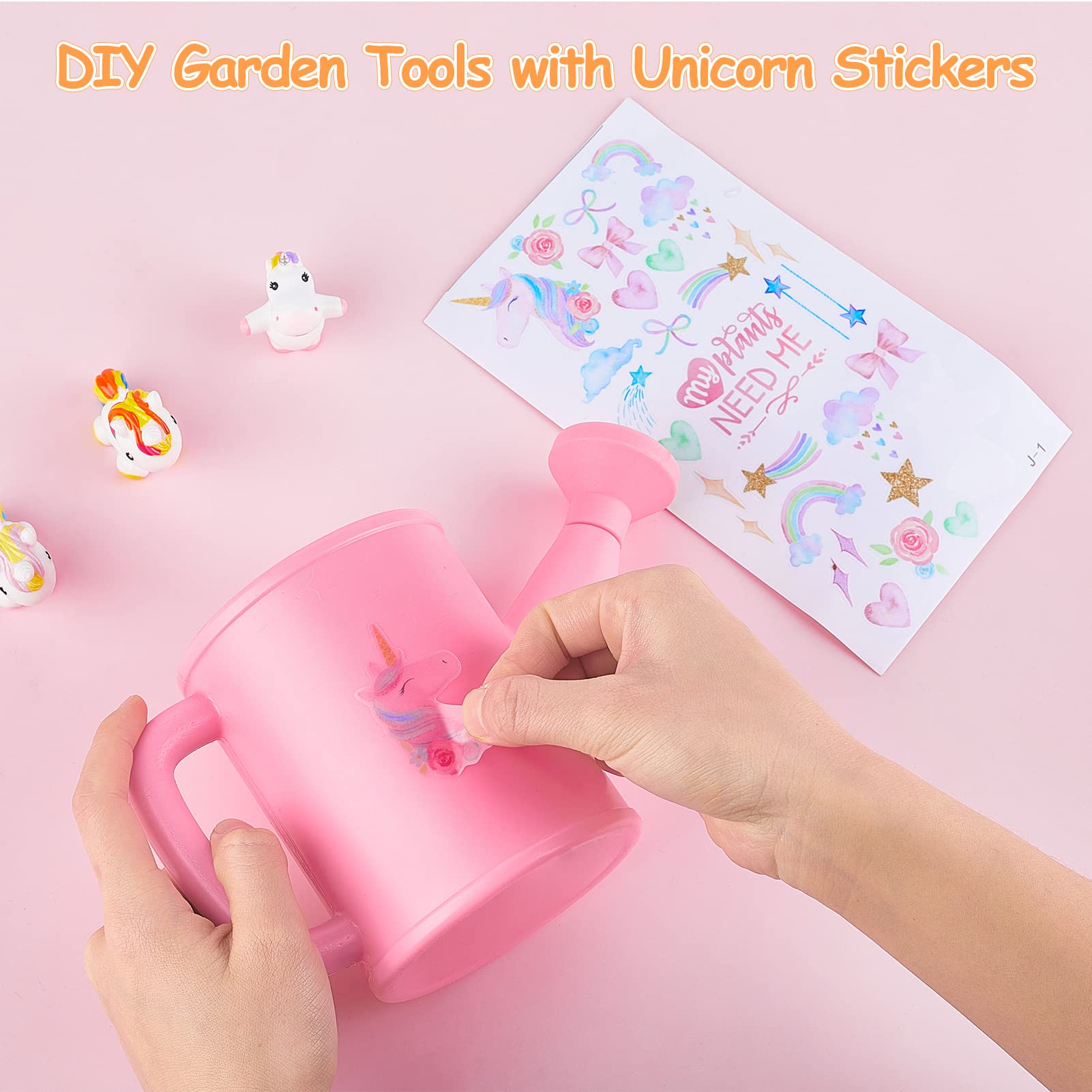 FIODAY Kids Gardening Set, Garden Tools for Kids with Watering Can, Shovel, Rake, Gloves, Waterproof Unicorn Apron with Pocket, Storage Bag and DIY Sticker Gardening Kit Gift for Girls