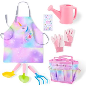 fioday kids gardening set, garden tools for kids with watering can, shovel, rake, gloves, waterproof unicorn apron with pocket, storage bag and diy sticker gardening kit gift for girls