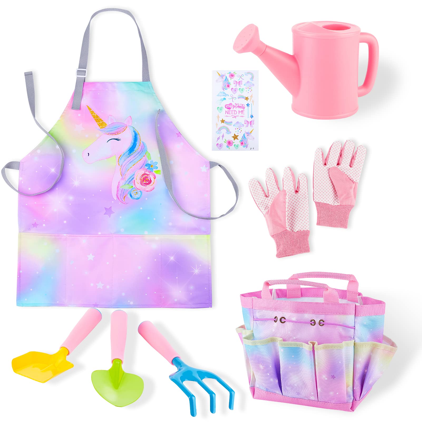 FIODAY Kids Gardening Set, Garden Tools for Kids with Watering Can, Shovel, Rake, Gloves, Waterproof Unicorn Apron with Pocket, Storage Bag and DIY Sticker Gardening Kit Gift for Girls