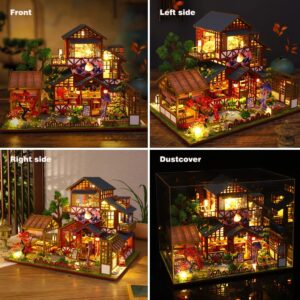 Yuzhen DIY Miniature Dollhouse with Furniture and LED Lights, Japanese Style Wooden Mini-Restaurant Includes Dustcover and Music Movement, Exquisite Home Decor