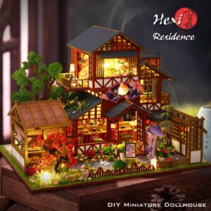 Yuzhen DIY Miniature Dollhouse with Furniture and LED Lights, Japanese Style Wooden Mini-Restaurant Includes Dustcover and Music Movement, Exquisite Home Decor