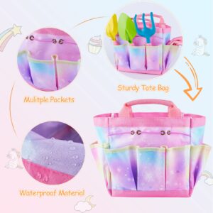 FIODAY Kids Gardening Set, Garden Tools for Kids with Watering Can, Shovel, Rake, Gloves, Waterproof Unicorn Apron with Pocket, Storage Bag and DIY Sticker Gardening Kit Gift for Girls