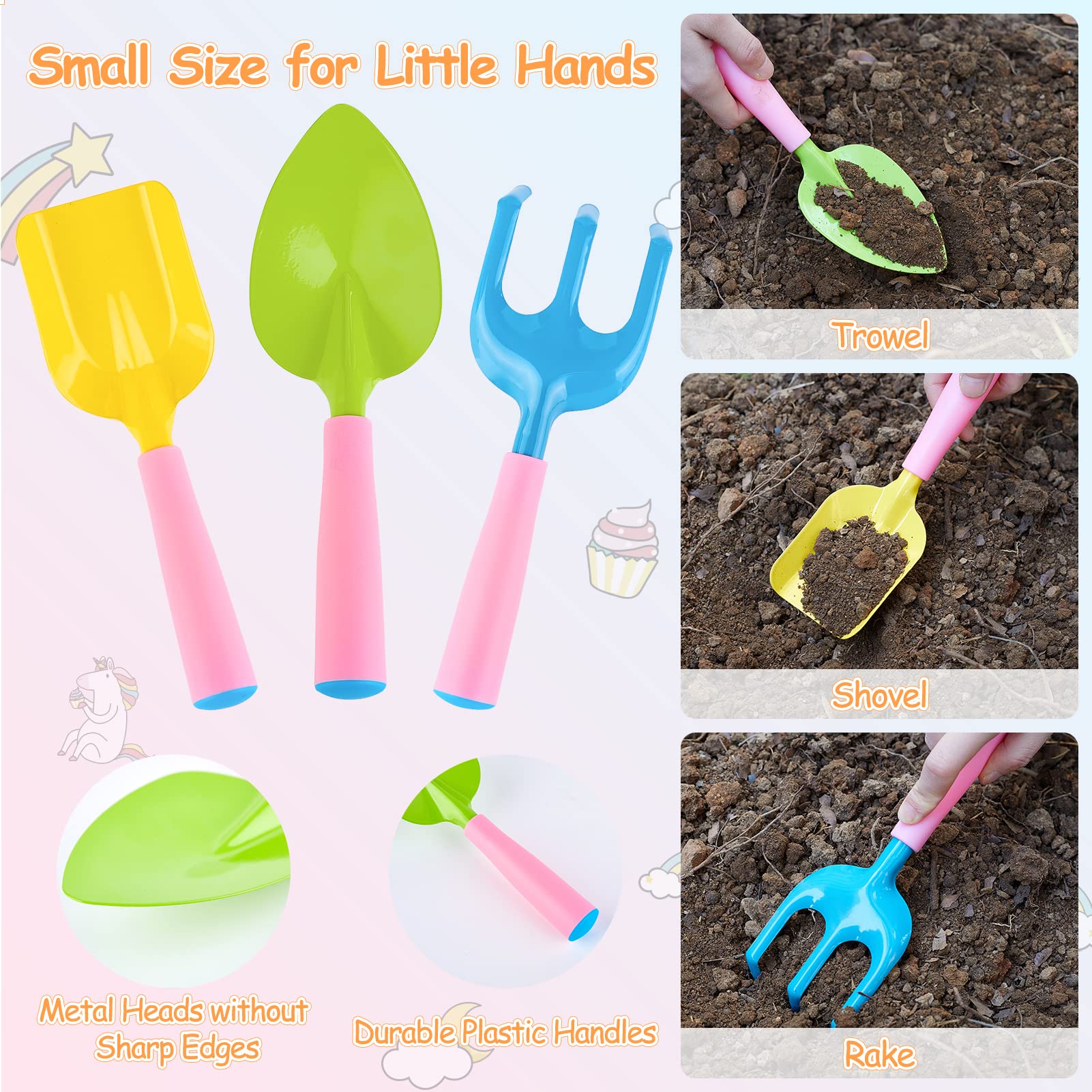 FIODAY Kids Gardening Set, Garden Tools for Kids with Watering Can, Shovel, Rake, Gloves, Waterproof Unicorn Apron with Pocket, Storage Bag and DIY Sticker Gardening Kit Gift for Girls