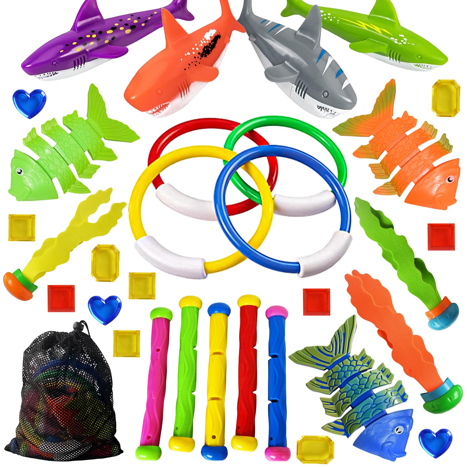 Jasonwell Pool Diving Toys Games - 31 PCS Swimming Pool Toys for Kids Teens with Diving Rings Dive Sticks Underwater Treasures Torpedo Bandits Fish Toys etc Fun Water Swim Toys for Boys Girls Adults