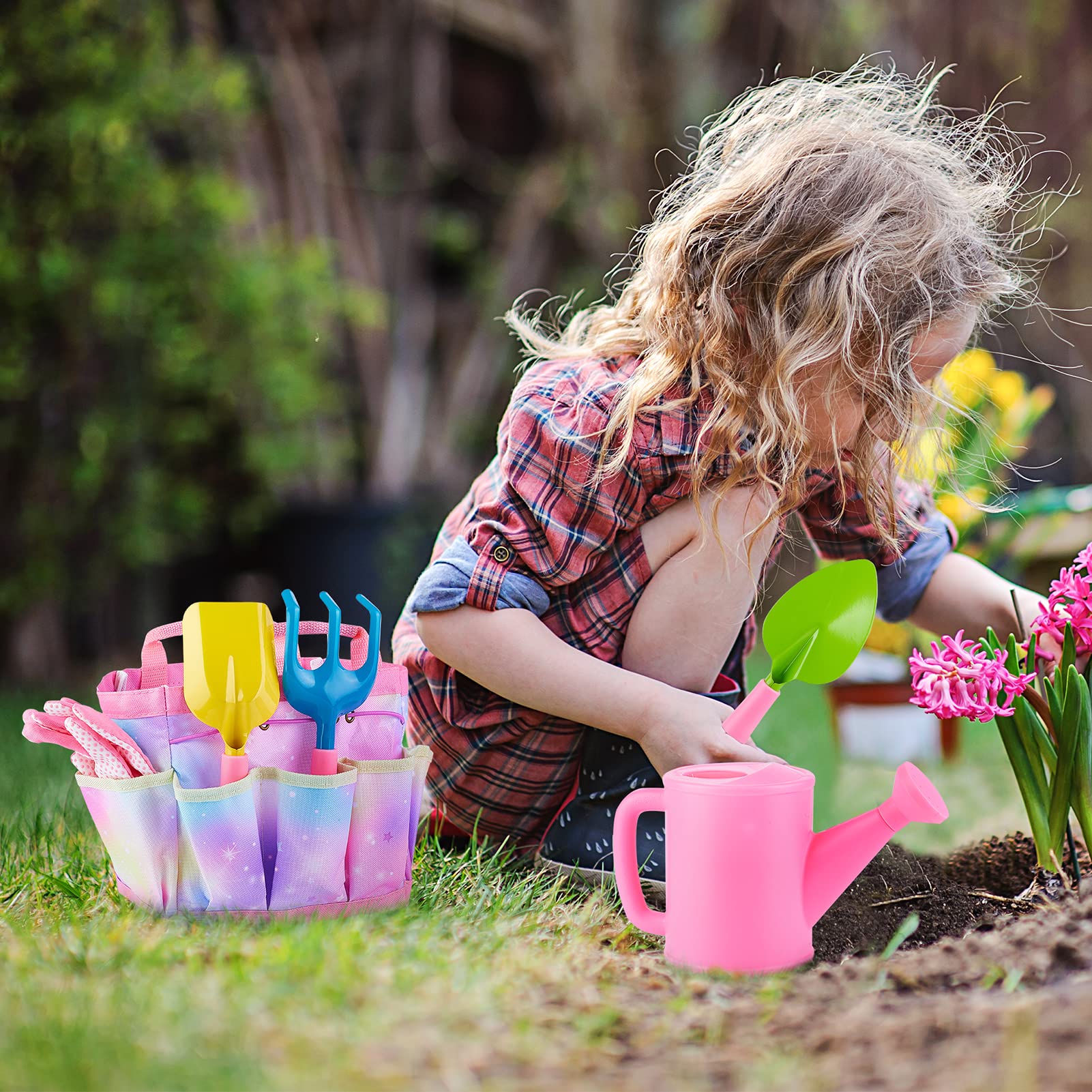 FIODAY Kids Gardening Set, Garden Tools for Kids with Watering Can, Shovel, Rake, Gloves, Waterproof Unicorn Apron with Pocket, Storage Bag and DIY Sticker Gardening Kit Gift for Girls