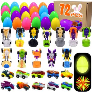 NMKS 72 Pcs Easter Egg Fillers with Transformer Toys Inside, Toys for Ages 5-7 4-8 8-13 Easter Basket Stuffers Fillers with Glow In the Dark Sticks Party Activities Games Supplies Gifts for Kids