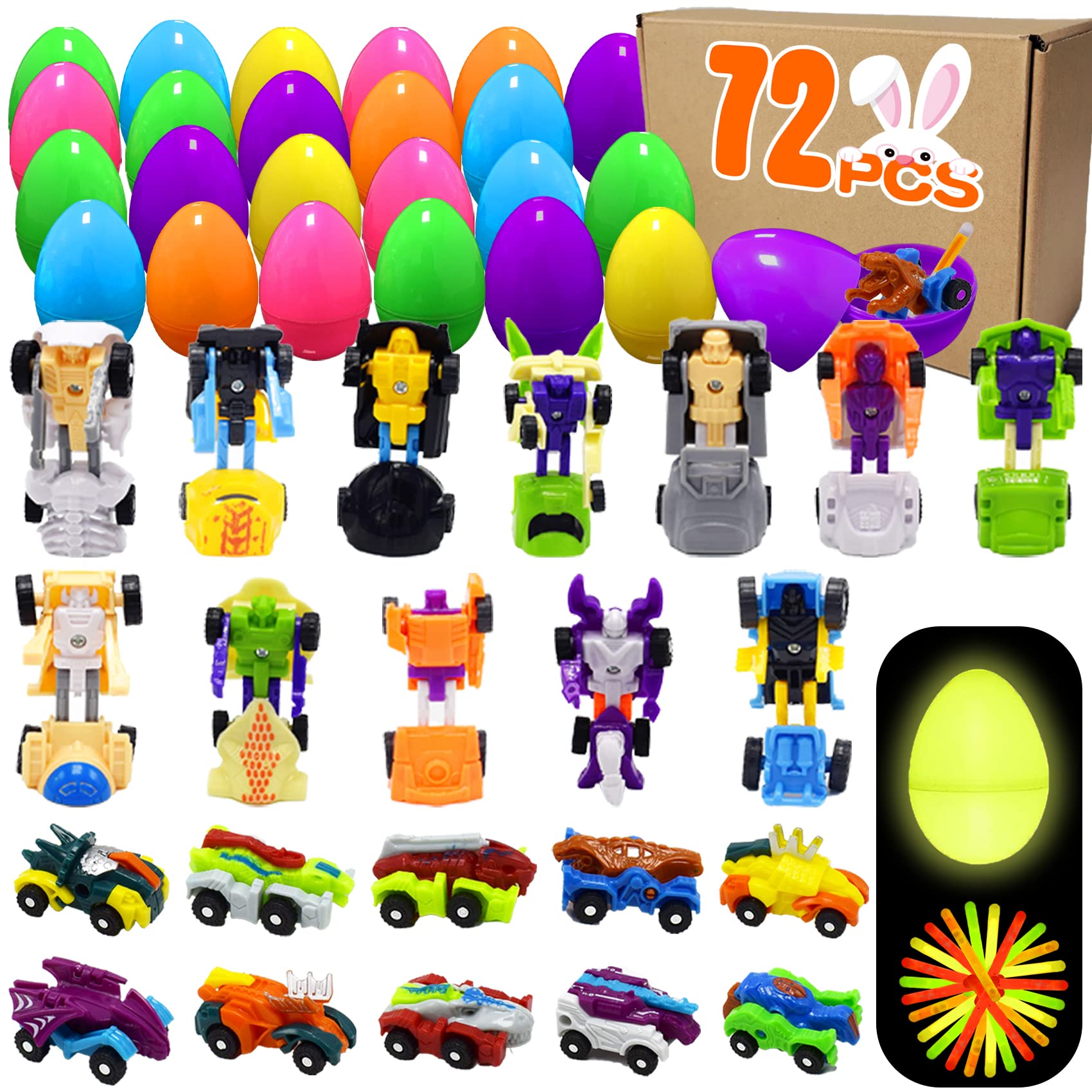 NMKS 72 Pcs Easter Egg Fillers with Transformer Toys Inside, Toys for Ages 5-7 4-8 8-13 Easter Basket Stuffers Fillers with Glow In the Dark Sticks Party Activities Games Supplies Gifts for Kids