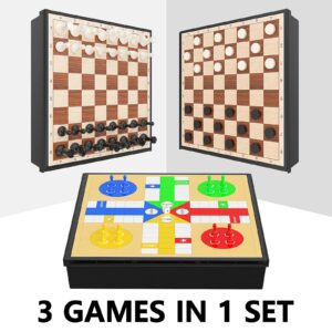 Funllection Magnetic Chess Checkers Ludo Sets, 3 in 1 12.5 Inch Kids Board Game Set, Family Game Night Games (with 2 Extra Queens, Instrutions and Storage Pockets)