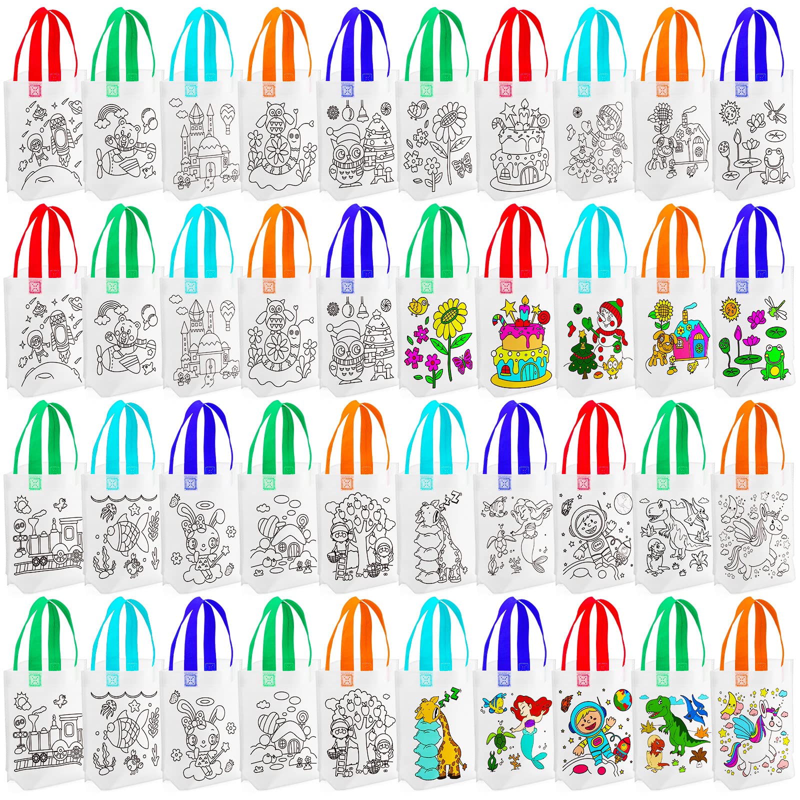 100 Pcs Coloring Goodie Bags Cute Cartoon Bags Reusable Party Favor Paint Bags Non Woven Goodie Bags for Kids Birthday Party Art DIY Crafts Supplies, 20 Styles