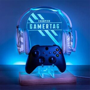 Personalised Headset Controller Holder, RGB LED Gaming Station Console Controller Holder - Hooded Gamer | Gamer Gift Idea | Custom Gamer Name Headphone Hanger