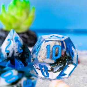 Blue Ocean Seashell Sharp DND Dice Set with Leather Dice Box | for Dungeons and Dragons, D&D, Sharp Edge, D20 Polyhedral Resin Dice, Dungeons and Dragons Gifts, Accessories