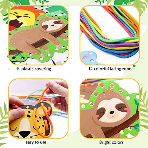 Jungle Animal Lacing Cards 12 Pack Sewing Kits for Kids Lion Wild Animal Cardboard Double Side Kids Sewing Cards Lacing Playing Games for Developing Imagination Preschool Educational Learning Activity