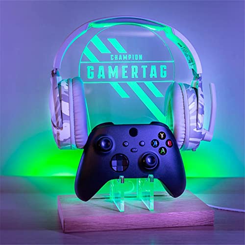 Personalised Headset Controller Holder, RGB LED Gaming Station Console Controller Holder - Hooded Gamer | Gamer Gift Idea | Custom Gamer Name Headphone Hanger