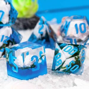 Blue Ocean Seashell Sharp DND Dice Set with Leather Dice Box | for Dungeons and Dragons, D&D, Sharp Edge, D20 Polyhedral Resin Dice, Dungeons and Dragons Gifts, Accessories