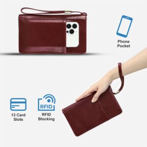 Contacts Travel Passport Wallet for 4 Women Leather Passport Holder RFID Blocking Card Organizer Large Capacity Wristlet Clutch Purse Red with 13 Card Slot